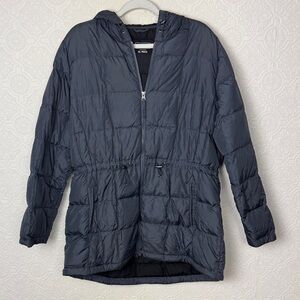 LL Bean Down Puffer Coat Jacket Waist Cinched XL Grey Blue Winter Warm Hooded‎